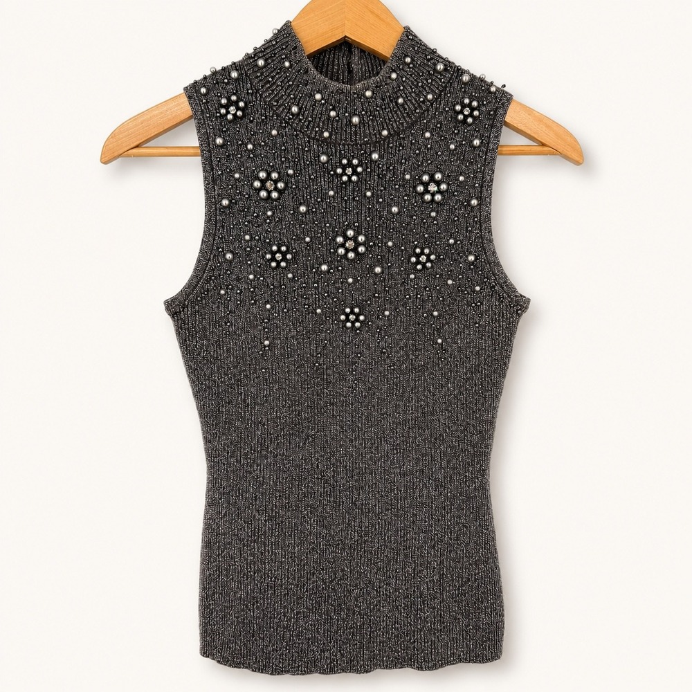 Y2K Cache Women Small Top Lurex Metallic Gray Sleeveless Beaded Mock Neck Glam